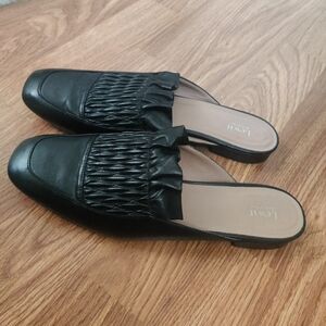 Lewit Black Smocked Leather Mule Slides